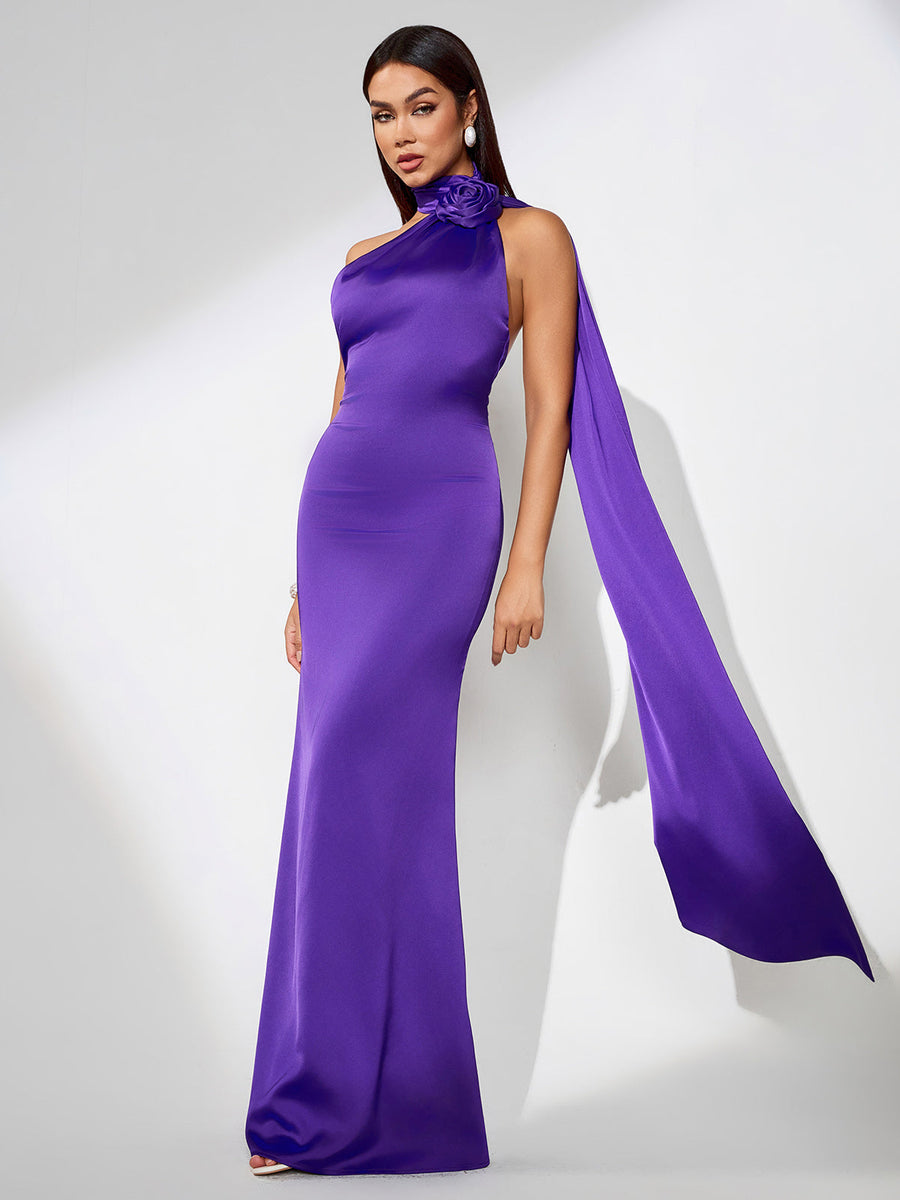 Elegant Maxi Satin Dress with Open Back and Halter Style
