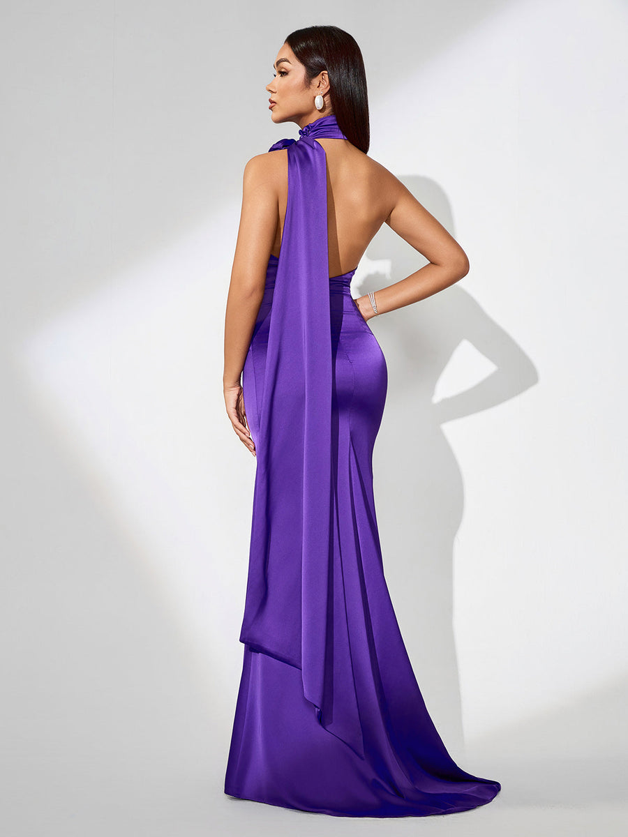 Elegant Maxi Satin Dress with Open Back and Halter Style