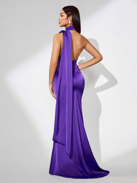 Elegant Maxi Satin Dress with Open Back and Halter Style