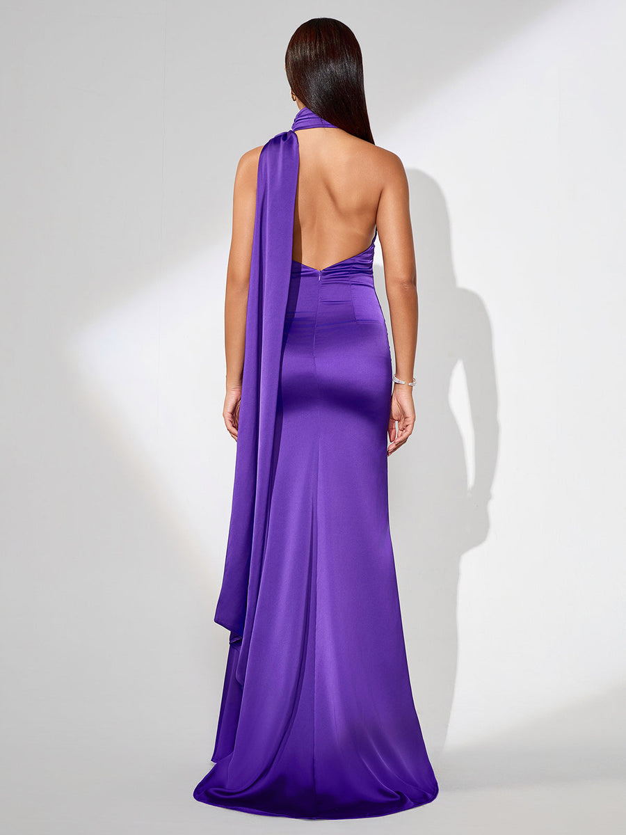 Elegant Maxi Satin Dress with Open Back and Halter Style