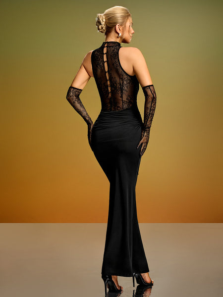 Ruched Lace Evening Gown With Gloves