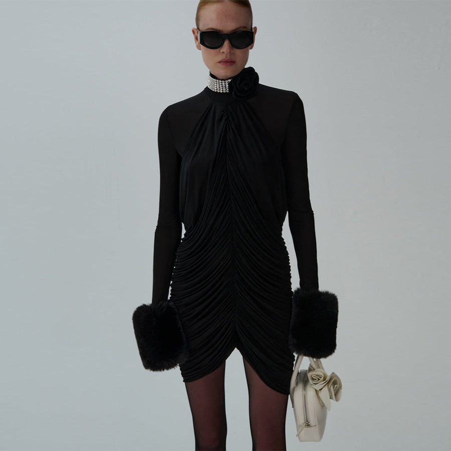 Elegant High Neck Long Sleeve Ruffle Mini Dress KLYF1362