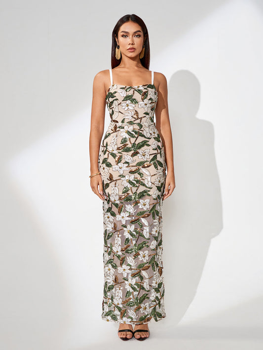 Flower Embroidered Mesh Maxi Dress for an Elegant and Feminine Look