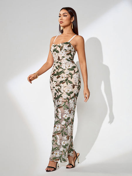 Flower Embroidered Mesh Maxi Dress for an Elegant and Feminine Look