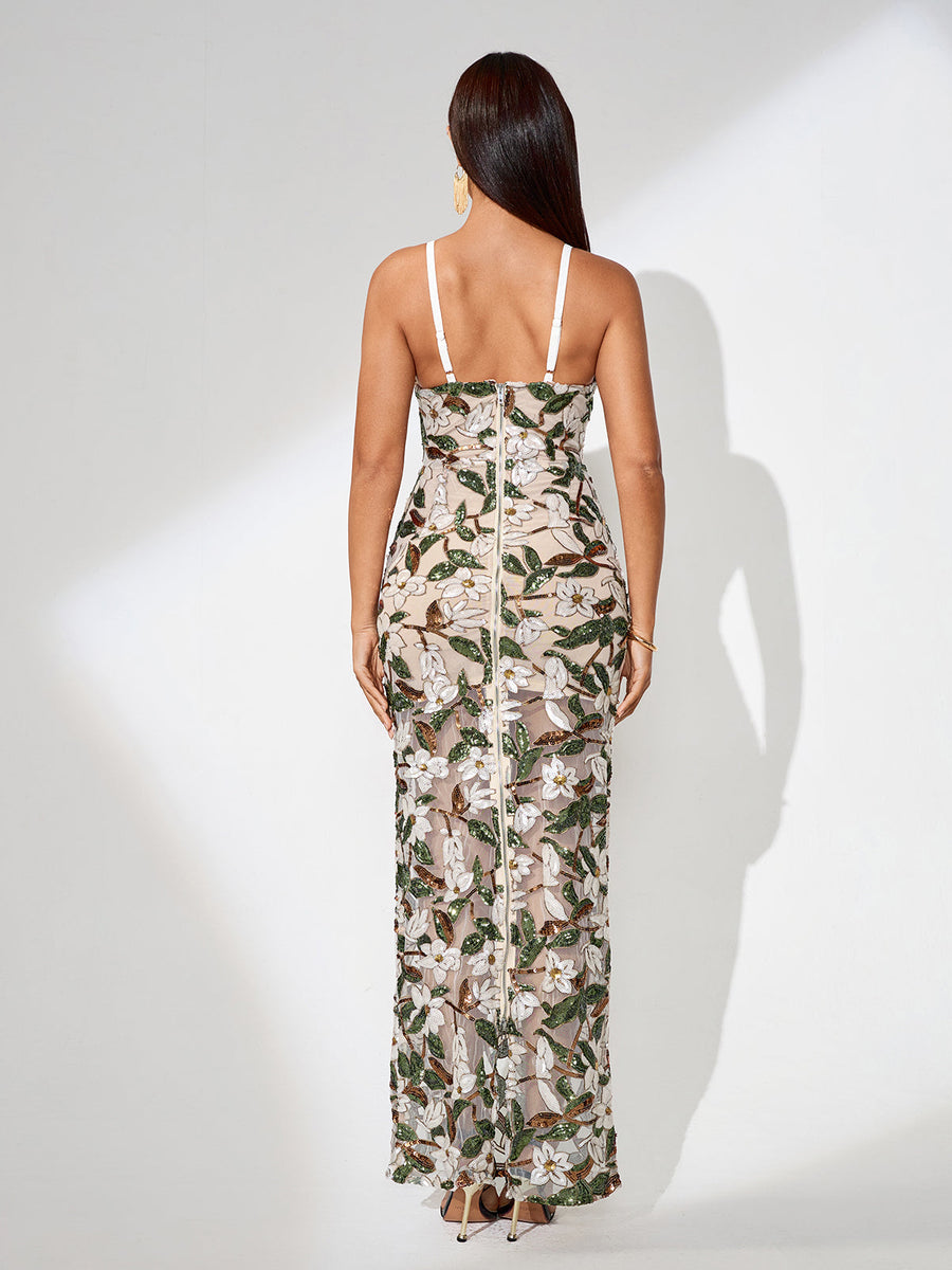 Flower Embroidered Mesh Maxi Dress for an Elegant and Feminine Look