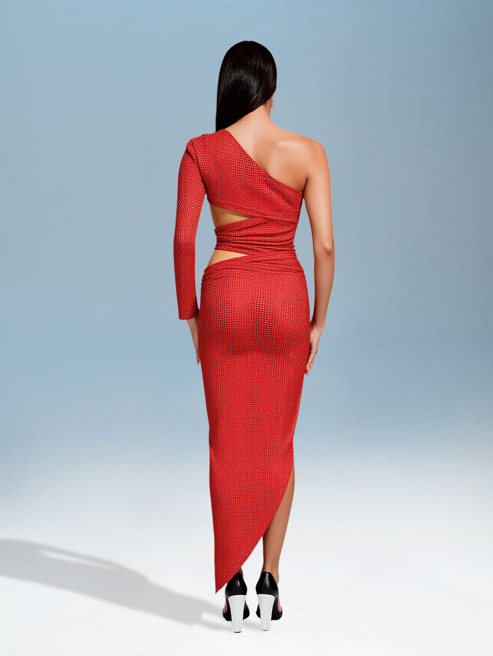 Priscilla Bellamy — Chic clothing with asymmetric cut and sparkling rhinestone details Red Maxi Dress, alternate view 3