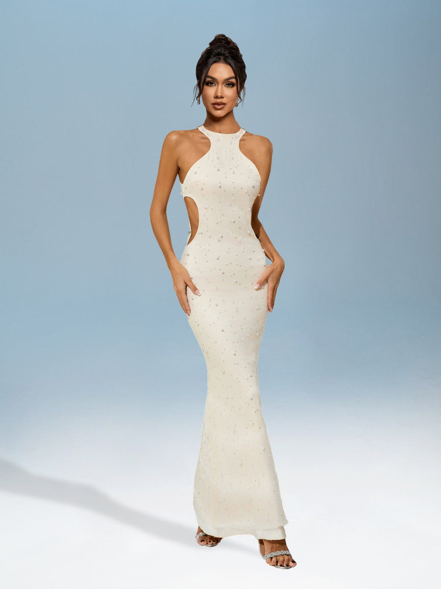 Dress with cut-out collar and pearl details