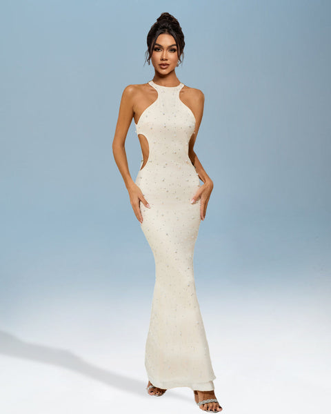 Dress with cut-out collar and pearl details