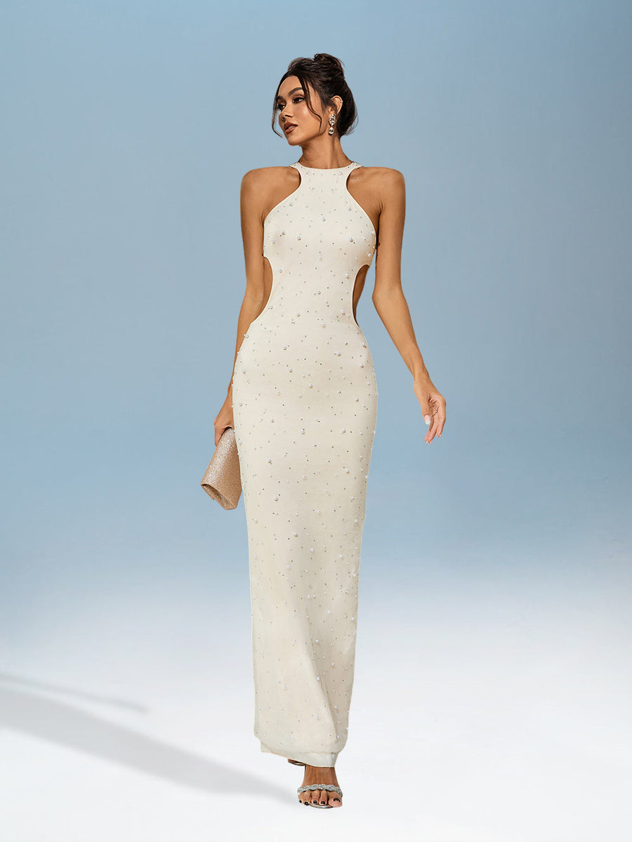 Dress with cut-out collar and pearl details