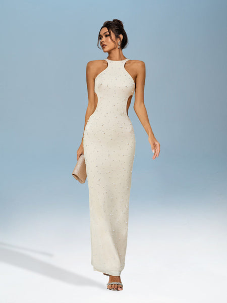 Dress with cut-out collar and pearl details