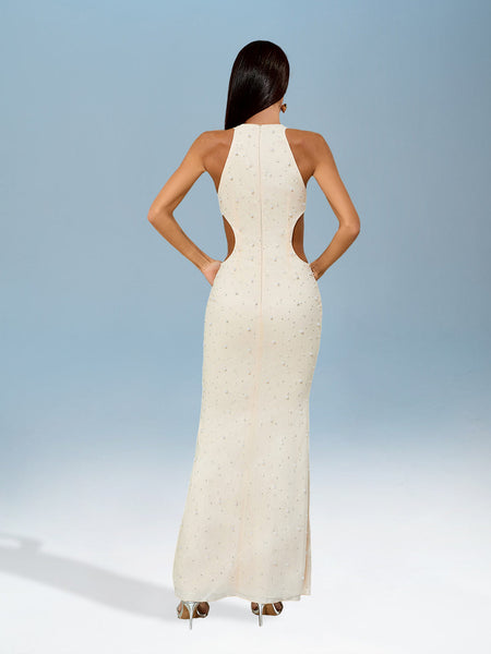 Dress with cut-out collar and pearl details