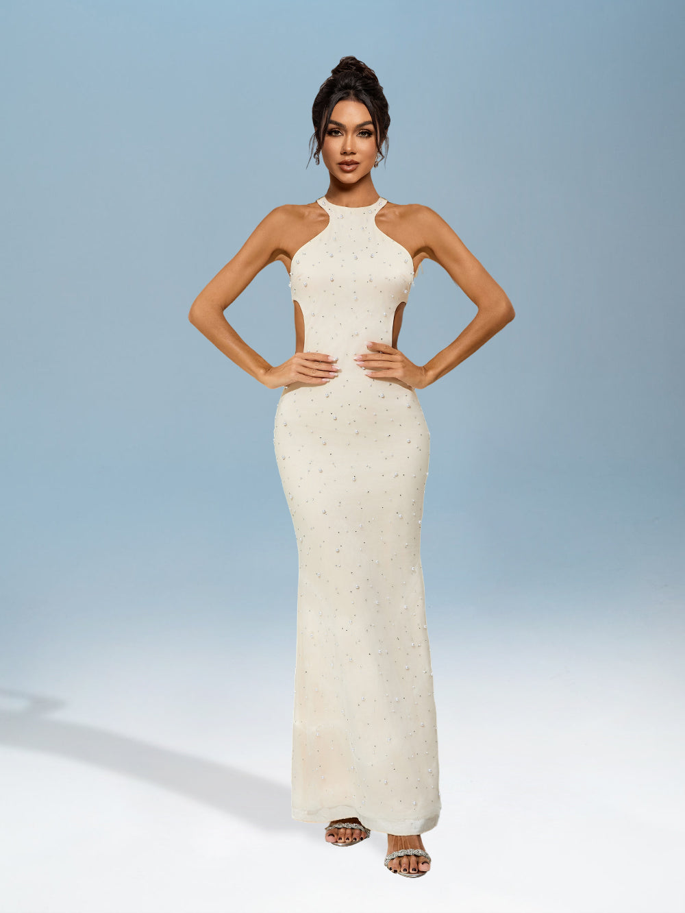 Dress with cut-out collar and pearl details