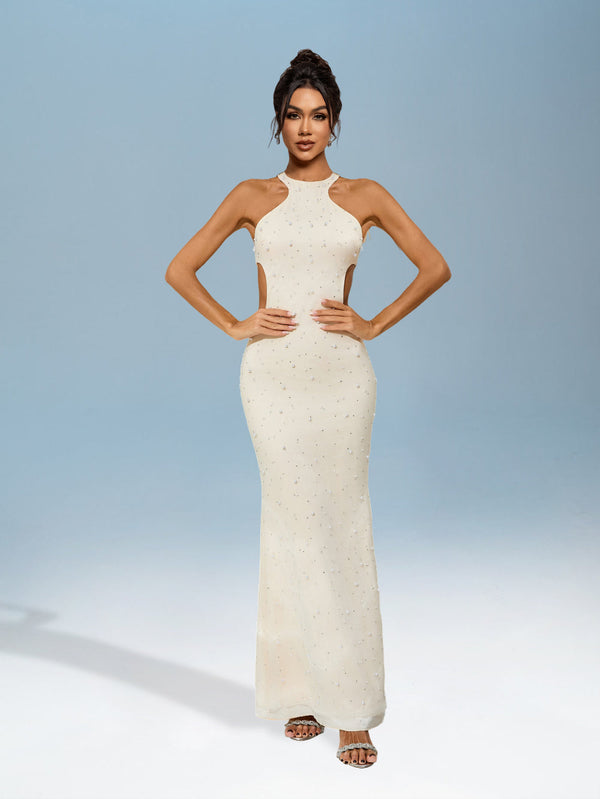 Dress with cut-out collar and pearl details