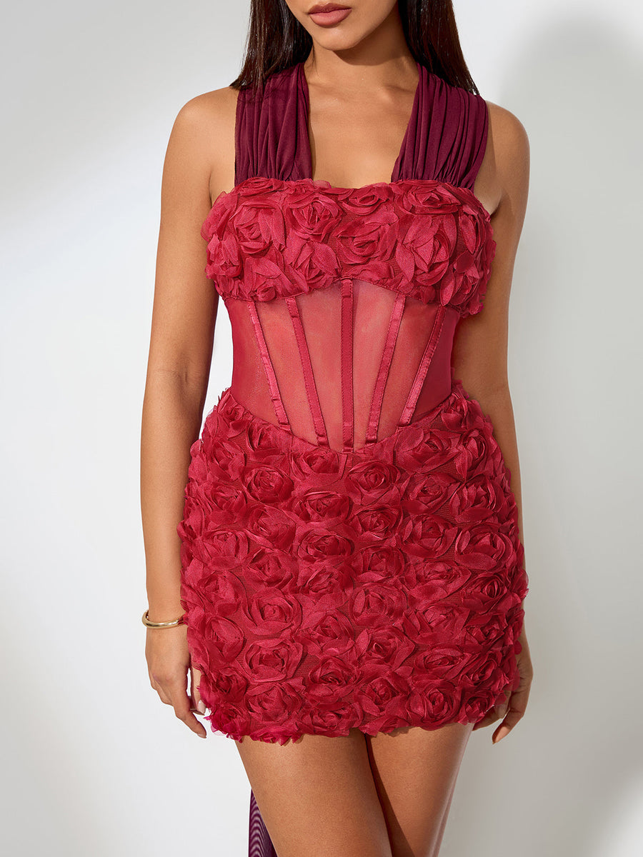 Pink Fish Tail Knitted Mini Floral Dress