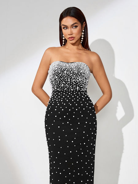 Stunning Pearl-Accented Evening Gown for Elegant Occasions