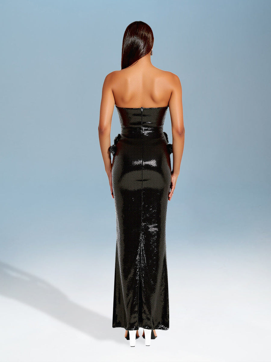 Sequin Dress with Open Back and Ruffle Details