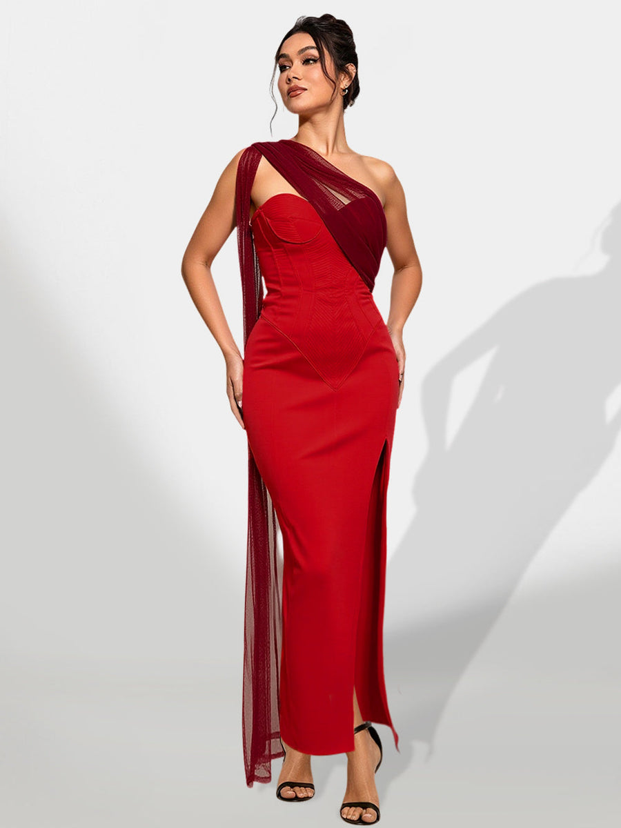 Striped satin chiffon gown with mesh ribbons