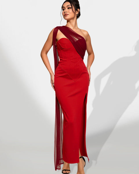 Striped satin chiffon gown with mesh ribbons