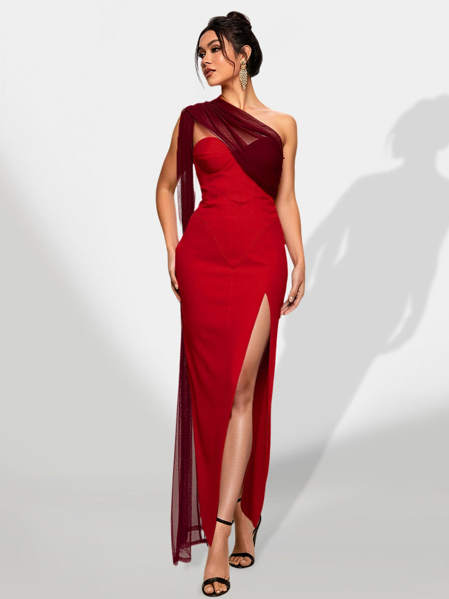 Striped satin chiffon gown with mesh ribbons