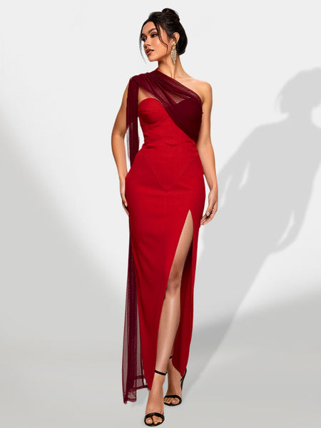 Striped satin chiffon gown with mesh ribbons