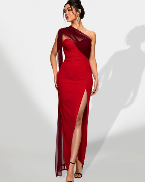 Striped satin chiffon gown with mesh ribbons