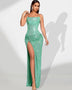 Elegant High Slit Sequin Ruched Maxi Dress for Glamorous Occasions