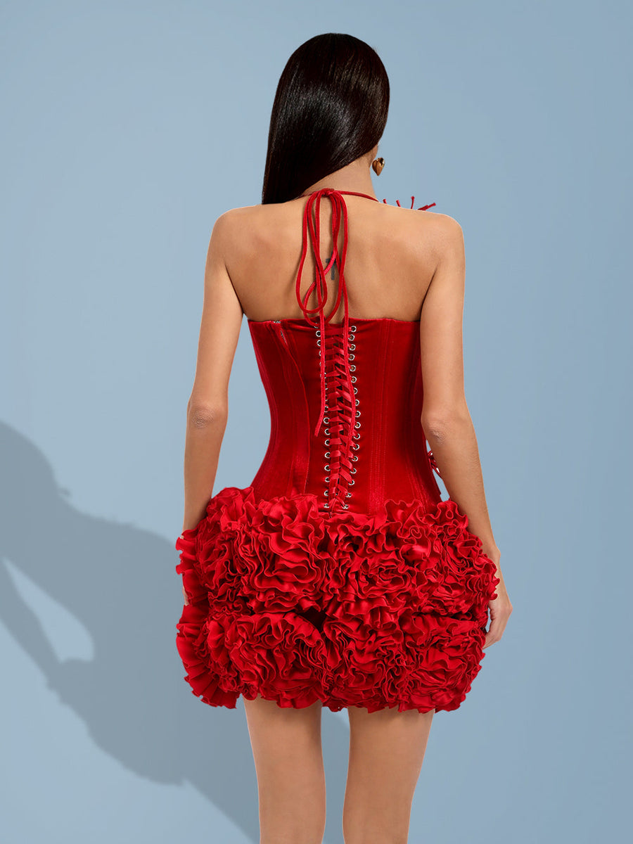 Elegant velvet set with 3D pleated floral details