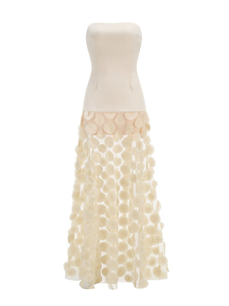 Maxikleid aus transparentem Stoff mit Tupfen und Einsätzen