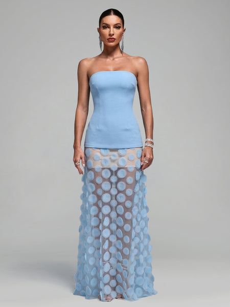 Maxikleid aus transparentem Stoff mit Tupfen und Einsätzen