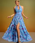 Elegant Floral Halter Dress with Ruffles and Backless