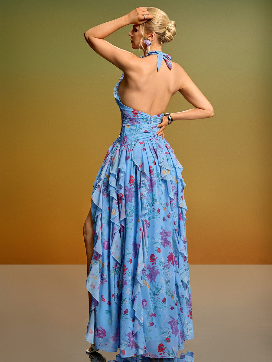 Elegant Floral Halter Dress with Ruffles and Backless