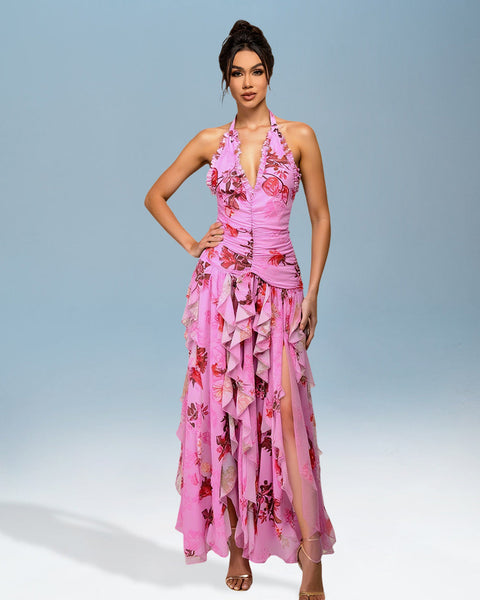 Elegant V-Neck Floral Ruffled Open-Back Dress for a Stylish Look