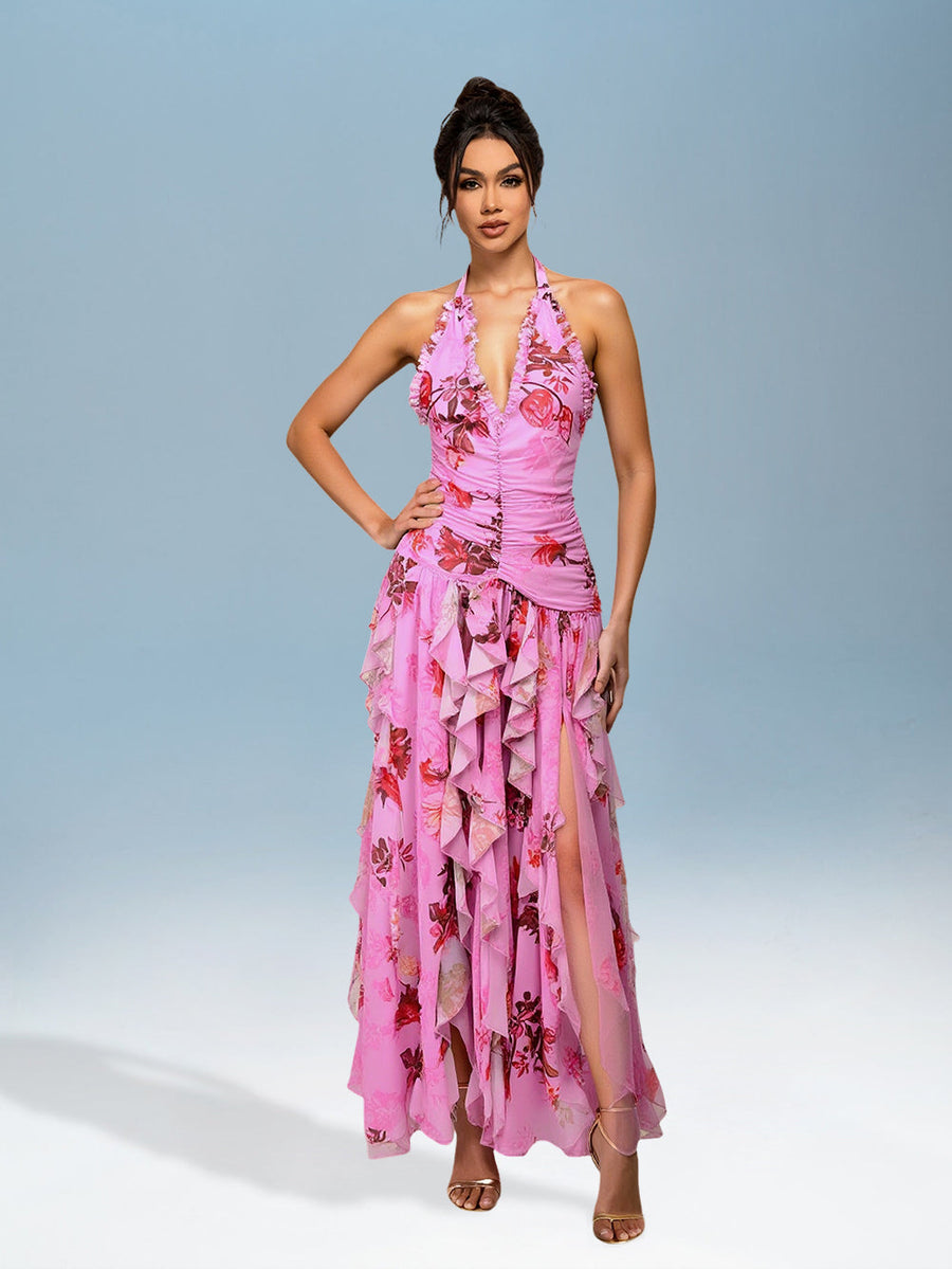 Lisette Bellamy — Elegant V-Neck Floral Ruffled Open-Back Dress