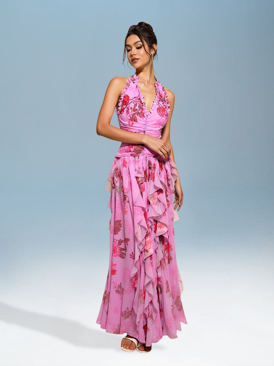 Elegant V-Neck Floral Ruffled Open-Back Dress for a Stylish Look