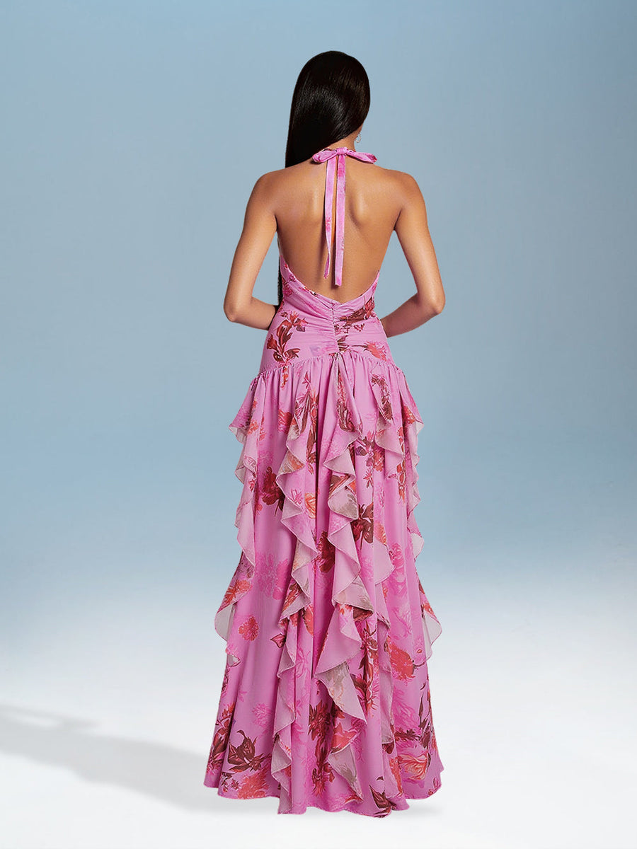 Elegant V-Neck Floral Ruffled Open-Back Dress for a Stylish Look
