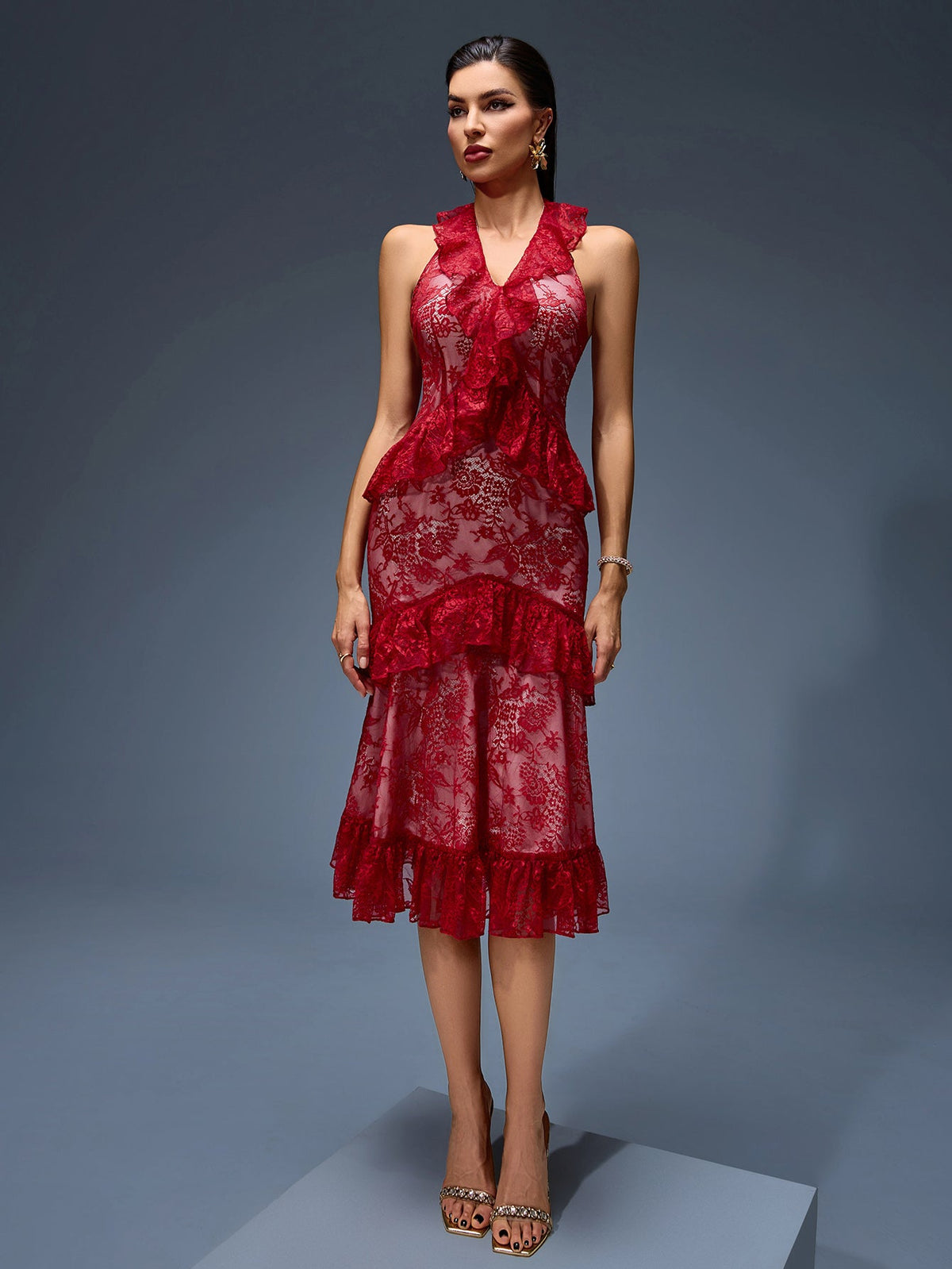 Lisette Montclair — Sexy Midi Dress with Striking Red Lace and Ruffled Design