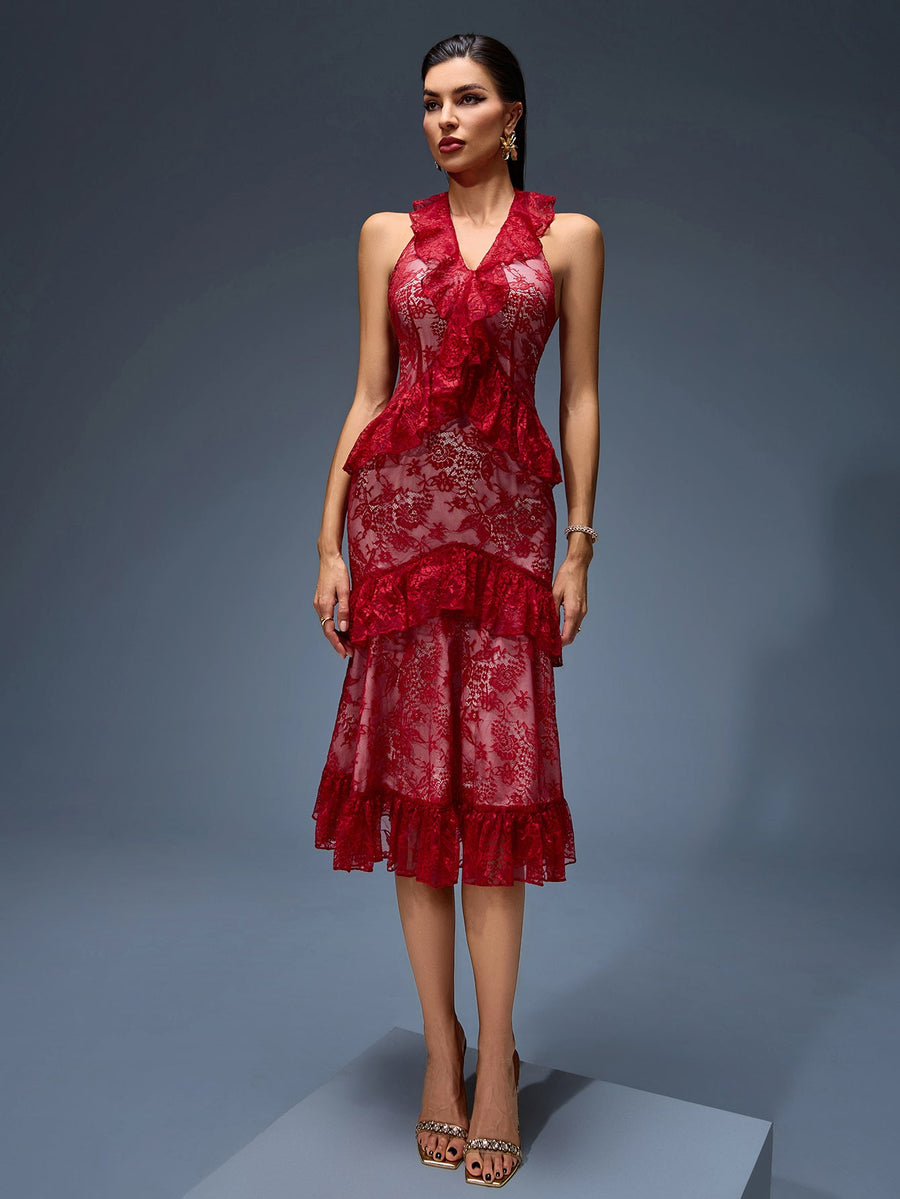 Lisette Montclair — Sexy Midi Dress with Striking Red Lace and Ruffled Design