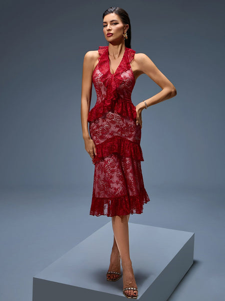 Sexy Midi Dress with Striking Red Lace and Ruffled Design
