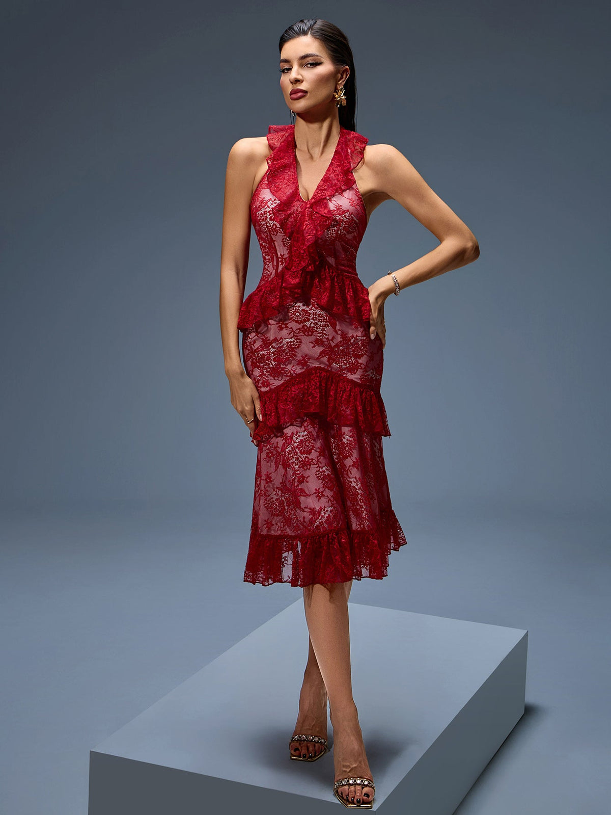 Lisette Montclair — Sexy Midi Dress with Striking Red Lace and Ruffled Design, alternate view 3