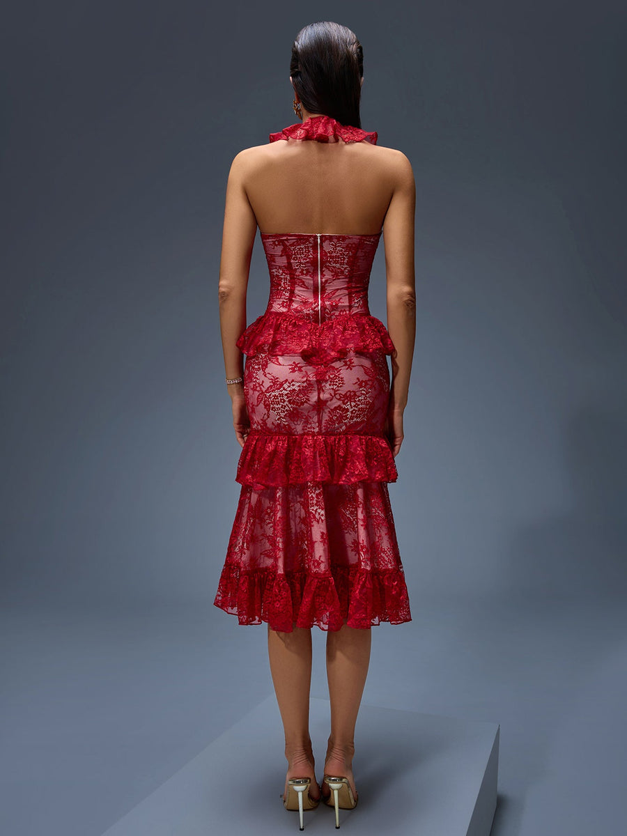 Sexy Midi Dress with Striking Red Lace and Ruffled Design