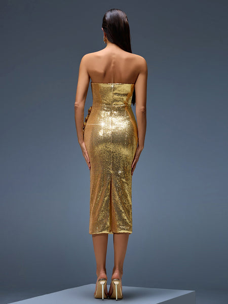 Long gold sequin dress with elegant 3D flowers