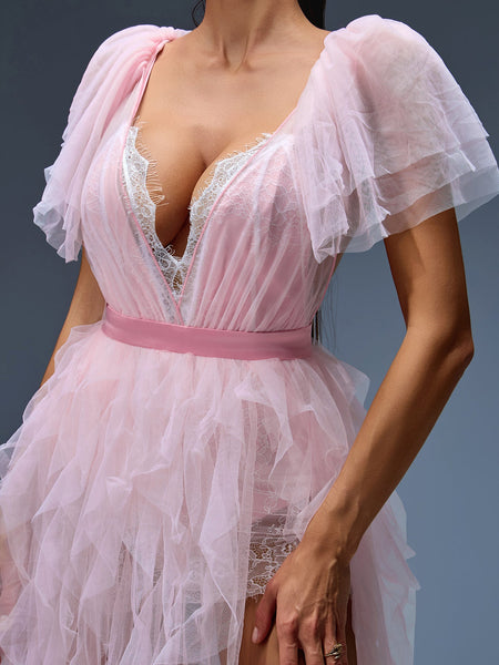 Elegant V-Neck Chiffon Maxi Dress with Ruffles