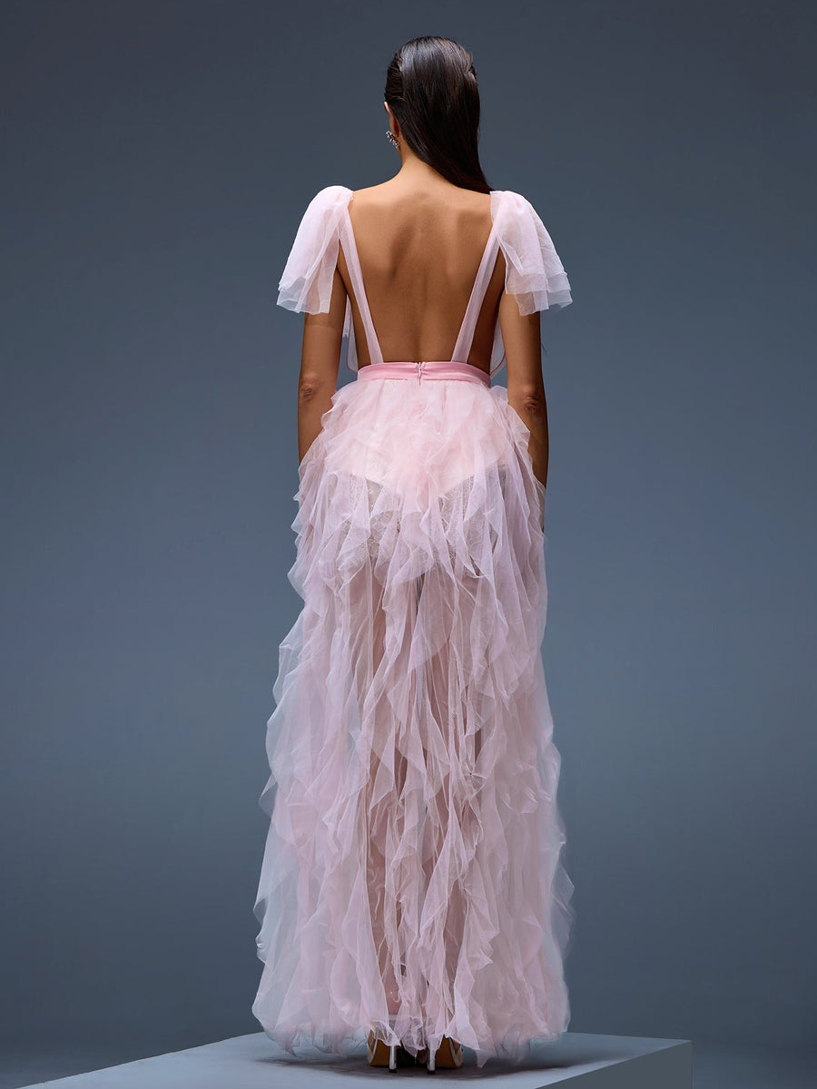 Elegant V-Neck Chiffon Maxi Dress with Ruffles