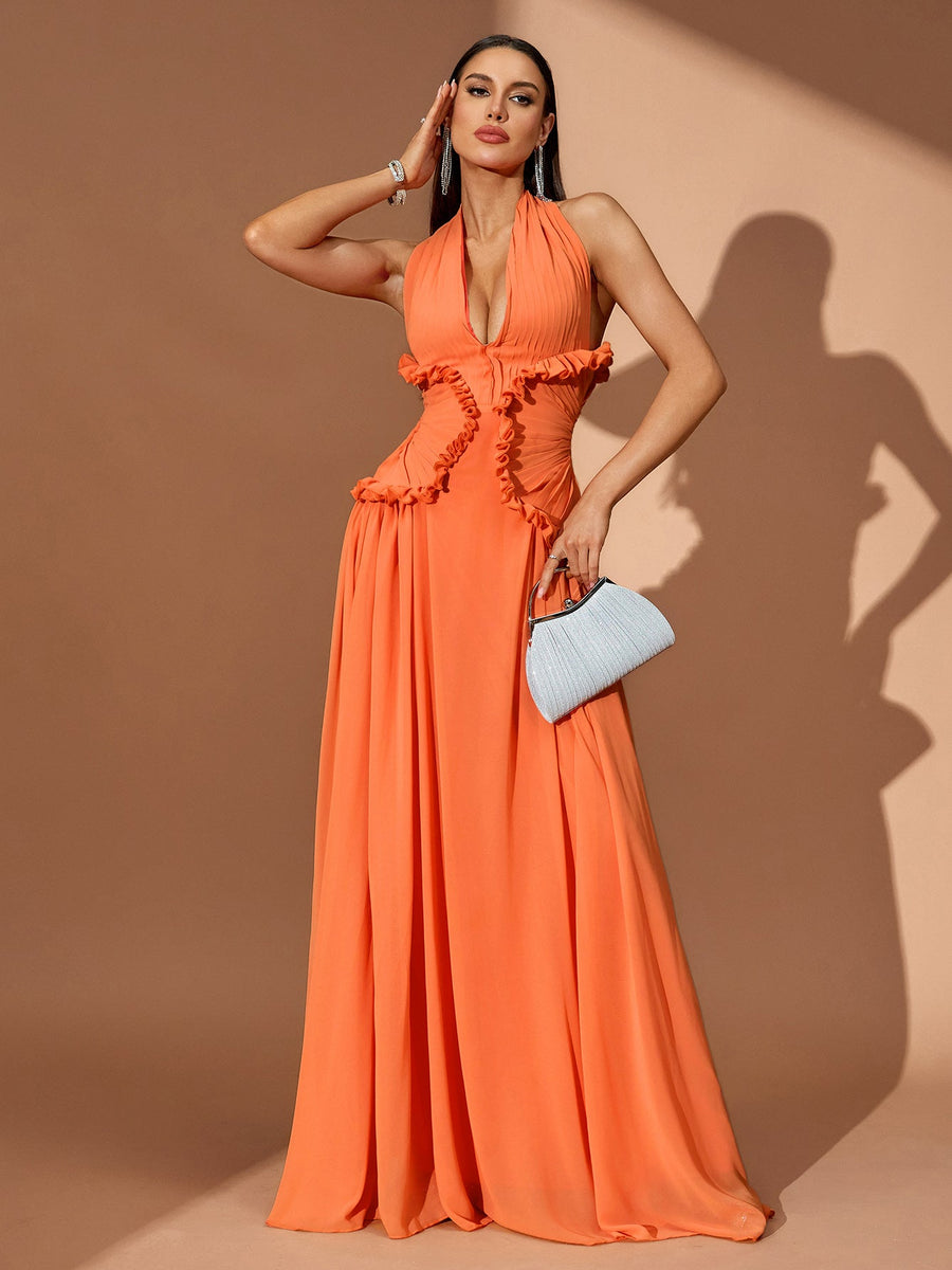 Halterneck Pleated Open Back Maxi Dress
