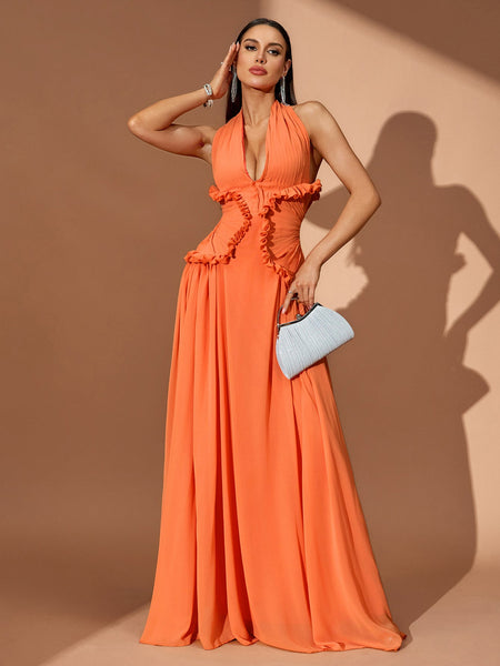 Halterneck Pleated Open Back Maxi Dress