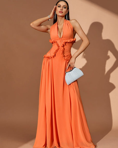 Halterneck Pleated Open Back Maxi Dress