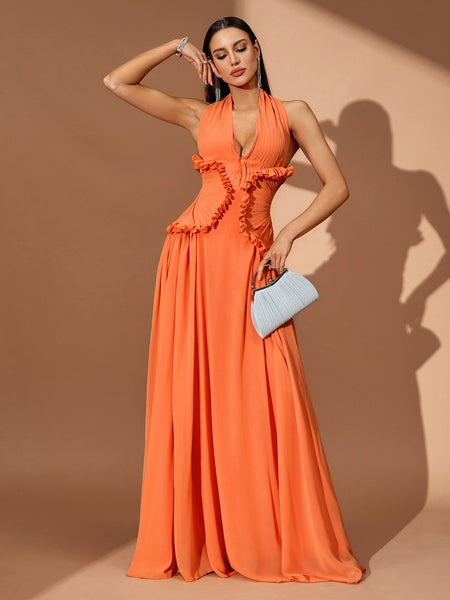 Halterneck Pleated Open Back Maxi Dress