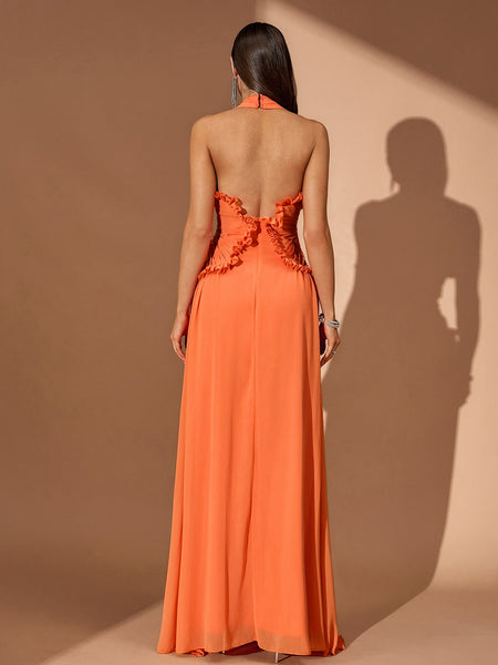 Halterneck Pleated Open Back Maxi Dress