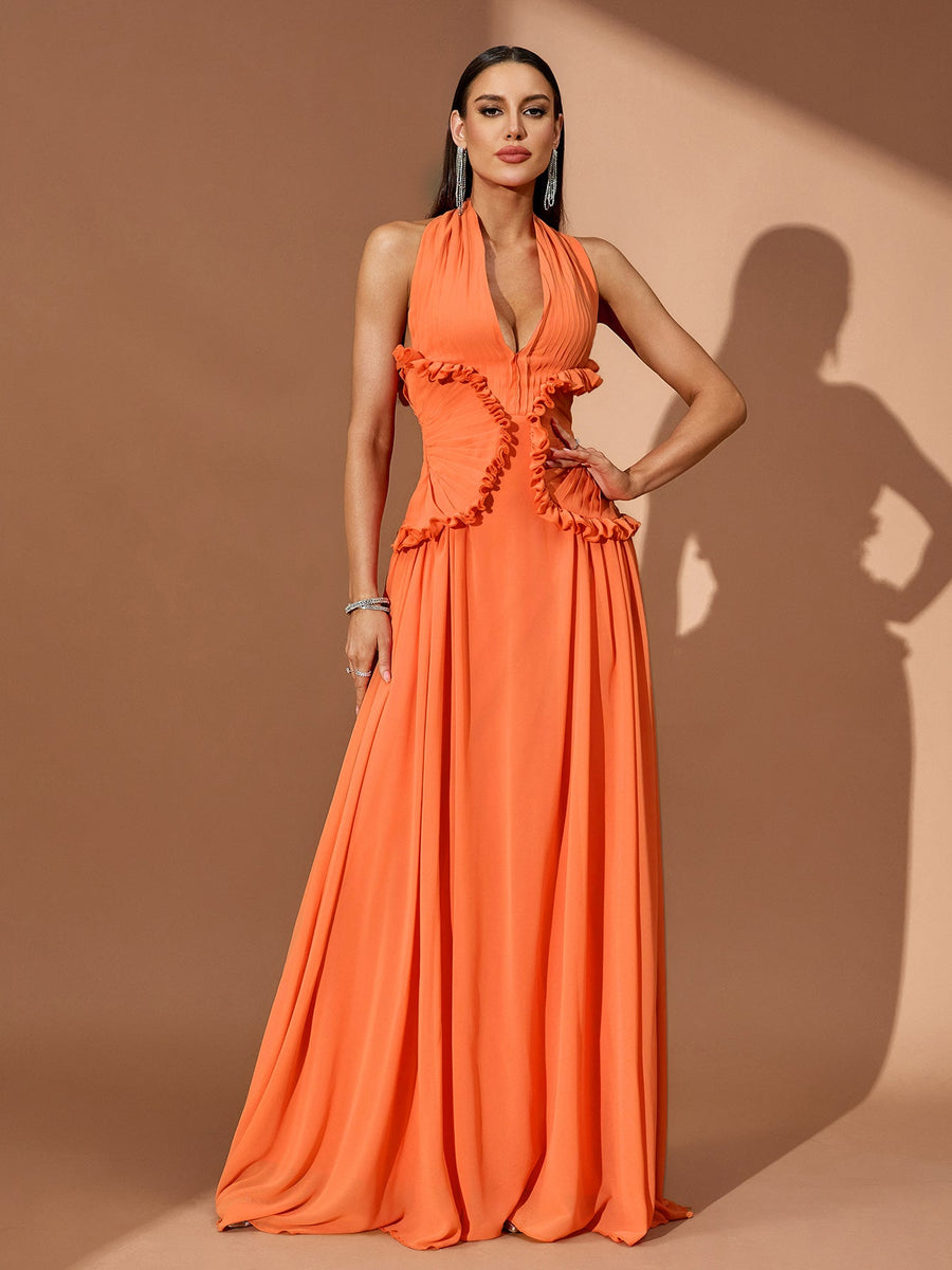 Halterneck Pleated Open Back Maxi Dress