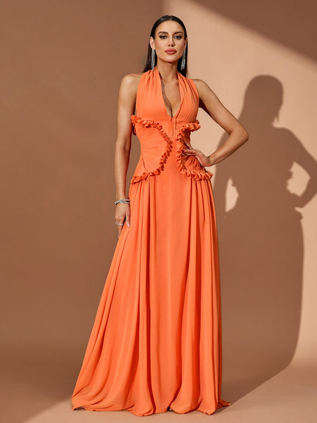 Halterneck Pleated Open Back Maxi Dress